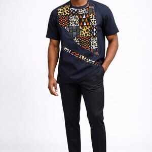 Men’s Navy Blue African Patchwork Shirt – Ankara Print Short Sleeve Top